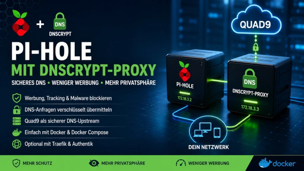 Pi-hole mit dnscrypt-proxy in Docker für Werbe- und Tracking-Blockierung sowie verschlüsselte DNS-Anfragen über Quad9.