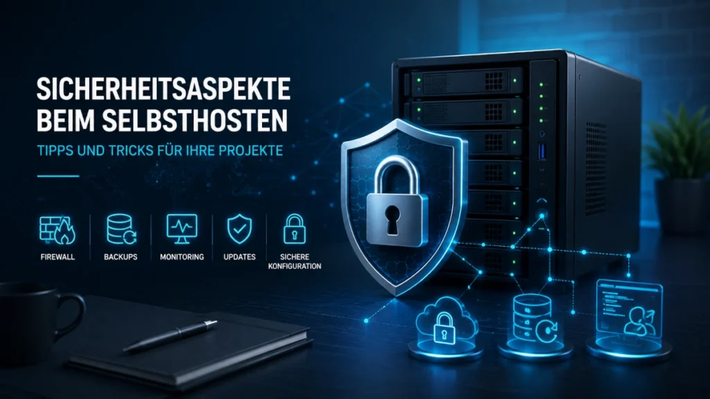 Server mit Schutzschild und Schloss als Symbol für Sicherheit beim Selbsthosting, ergänzt durch Firewall, Backups, Monitoring und Updates.
