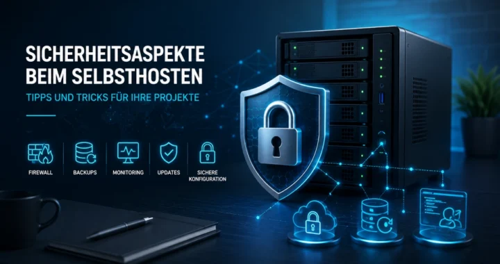 Server mit Schutzschild und Schloss als Symbol für Sicherheit beim Selbsthosting, ergänzt durch Firewall, Backups, Monitoring und Updates.