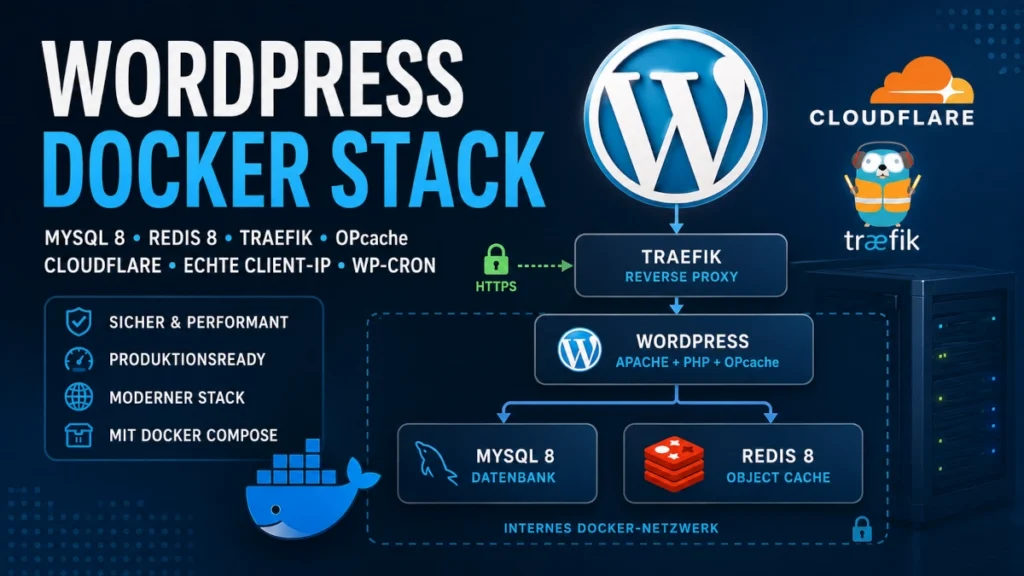 Architektur eines WordPress Docker Stacks mit Traefik, Cloudflare, MySQL 8, Redis 8, Apache, PHP und OPcache.