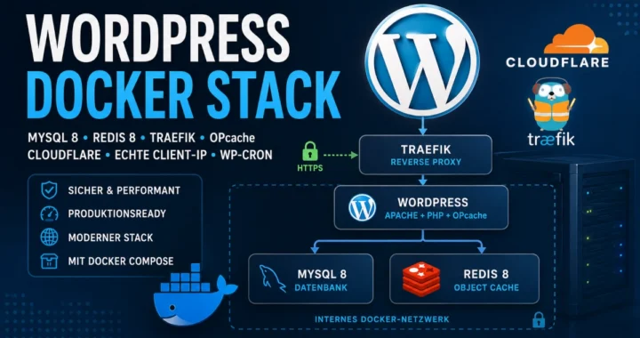 Architektur eines WordPress Docker Stacks mit Traefik, Cloudflare, MySQL 8, Redis 8, Apache, PHP und OPcache.