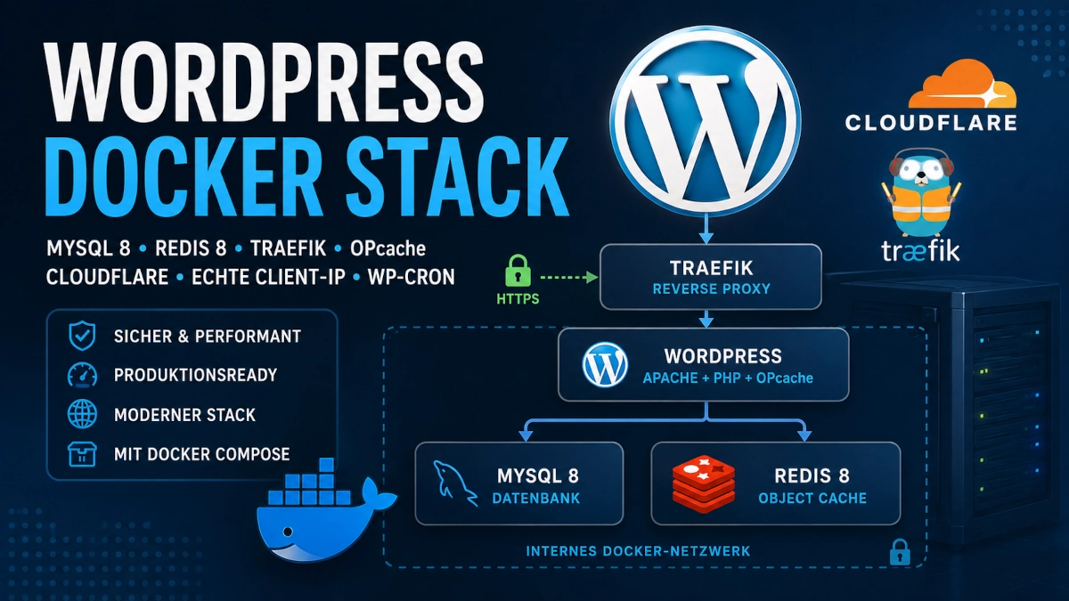 Architektur eines WordPress Docker Stacks mit Traefik, Cloudflare, MySQL 8, Redis 8, Apache, PHP und OPcache.